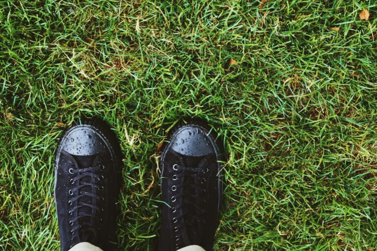 A pair of worn gardening shoes standing on lush green grass with morning dew, shot from above.